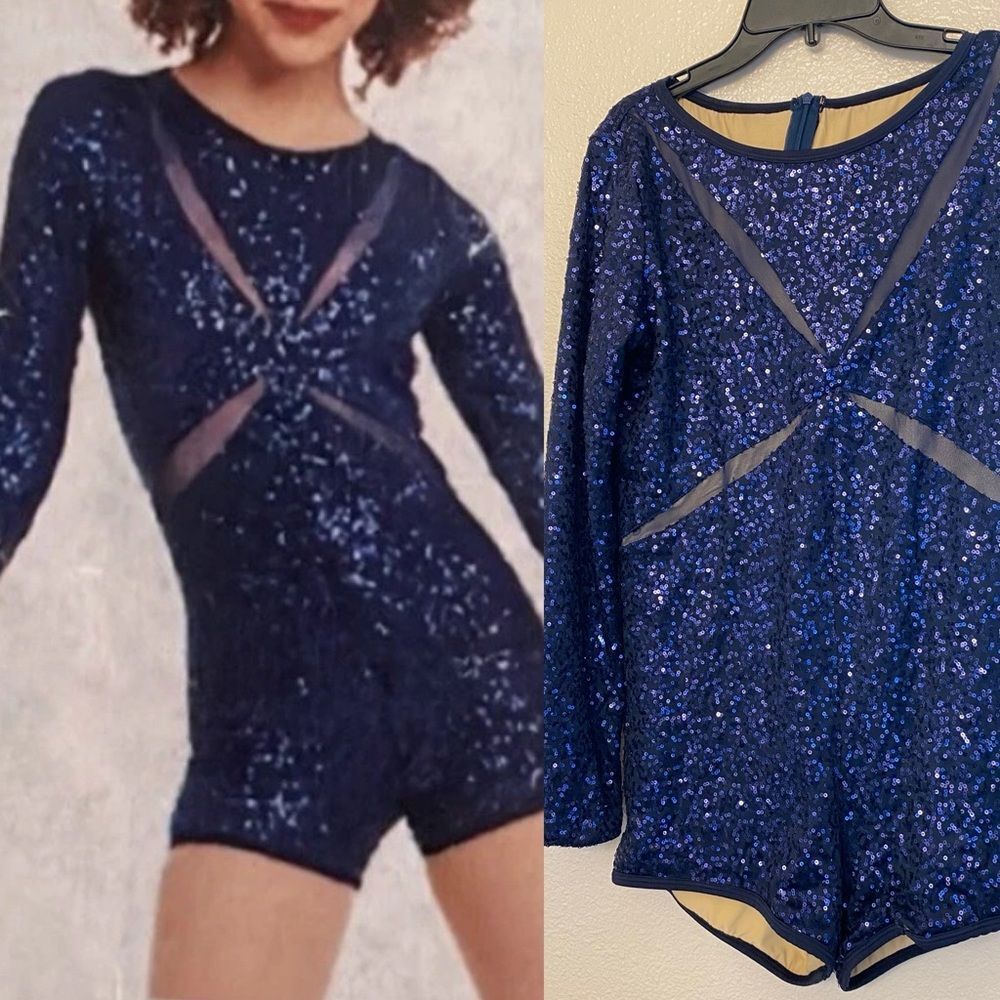 Curtain Call Dance Costume navy blue sequin unitard Radioactive J5510 LA adult